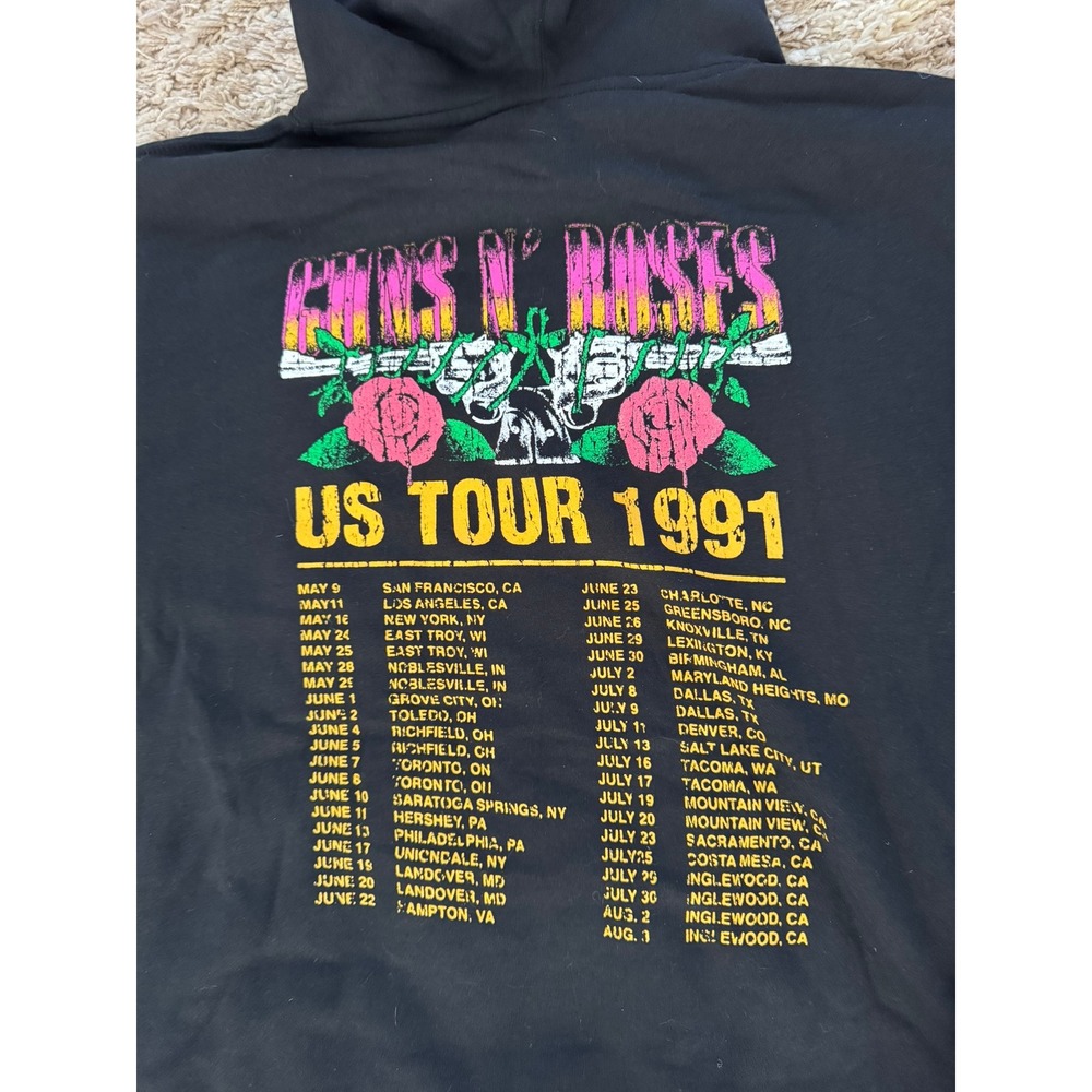 Guns N Roses US Tour 1991 Skull Roses Black Pullover Hoodie Size L - Picture 3 of 5